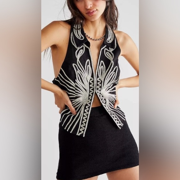 NWT FREE PEOPLE Sz S HEAD WEST TANK EMBELLISHED HALTER VEST - Picture 1 of 6